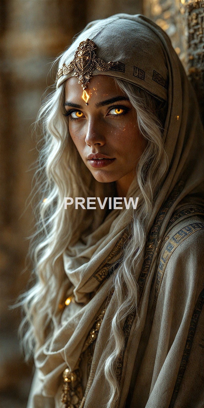 A woman with striking golden eyes and long, wavy platinum blonde hair, dressed in ornate, medieval-inspired clothing and jewelry, gazes intensely at the camera against a warm, textured background.